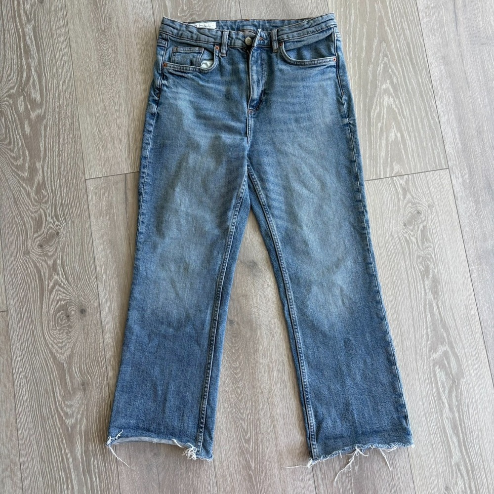 Zara Womens Blue Denim Whisker High Rise Frayed Hem Straight Leg Jeans Size 10